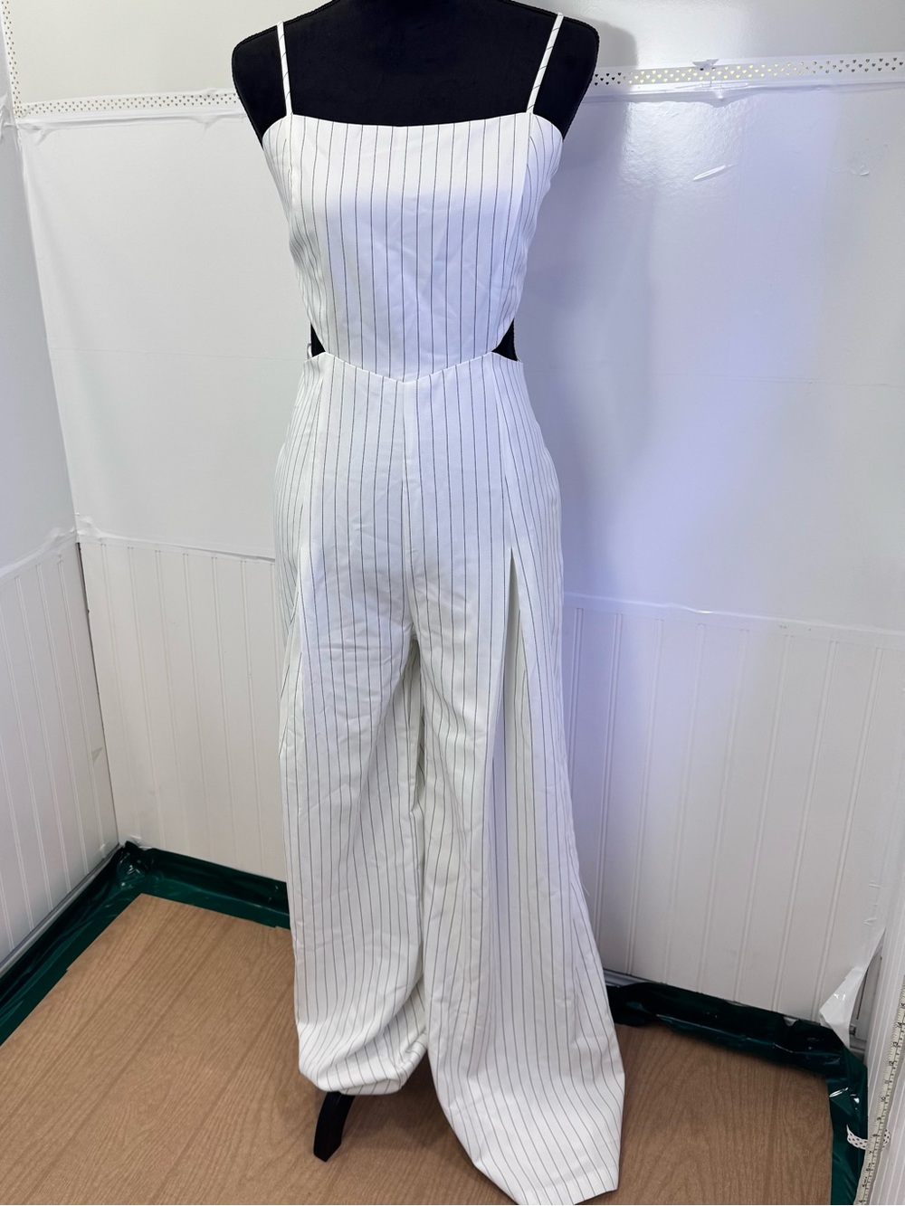 Dee Elly White Pinstripe Cutout Jumpsuit Wide Leg Chic Minimalist